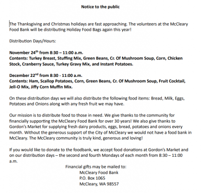Food Bank Holiday Notice