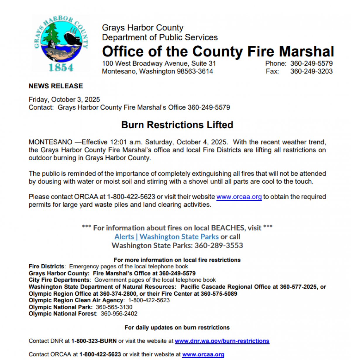 Burn Ban Lifted 10-4-2025